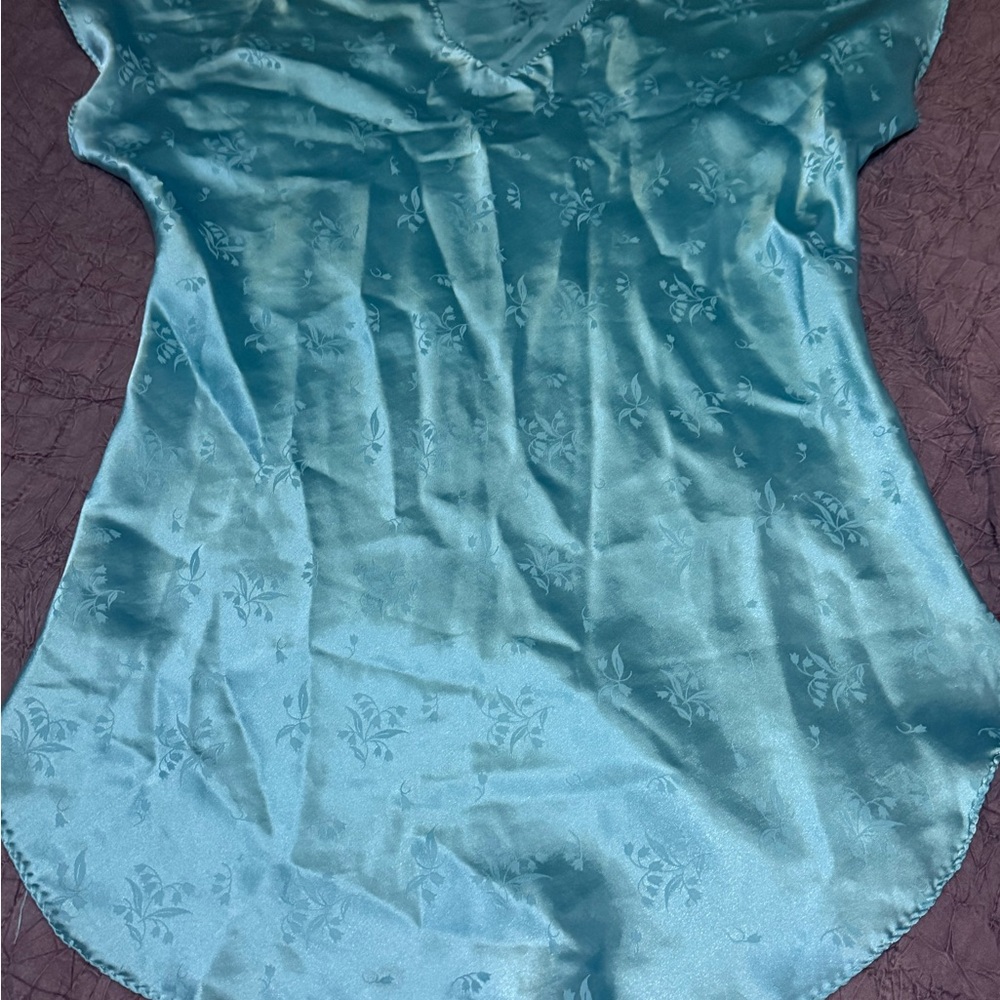 Vintage Ilise Stevens Blue Satin Nightgown Floral Jacquard V-Neck M 80s 90s